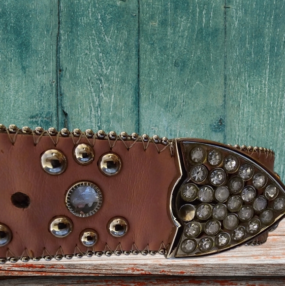 Vintage Leather Pink Rhinestone & Cross Western Belt Size XL - Picture 2 of 4